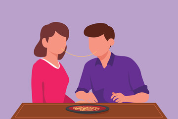 Cartoon flat style drawing of happy couple having romantic date in restaurant eating pasta together. Man and woman enjoying romance in cafe. Celebrate anniversaries. Graphic design vector illustration