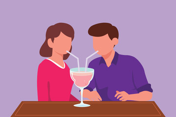 Cartoon flat style drawing cute young couple drinking using straws and big glasses together in cafe. Celebrate anniversaries and enjoy romantic dinner at restaurant. Graphic design vector illustration