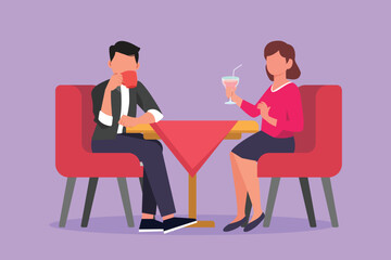 Graphic flat design drawing couple sitting and drink coffee or milkshake. Man and woman having romantic dinner in cafe. Celebrate wedding anniversary at restaurant. Cartoon style vector illustration