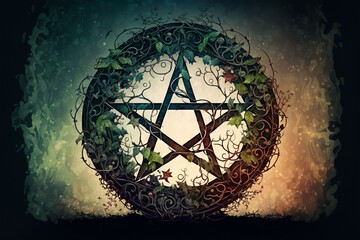 Pentacle with wrapping vines background, generative ai