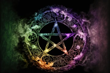 Colorful Pentacle with smoke on black background, generative ai 