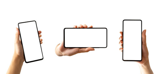 Hands holding black smartphone, isolated Clipping paths for design work empty free space mock up...