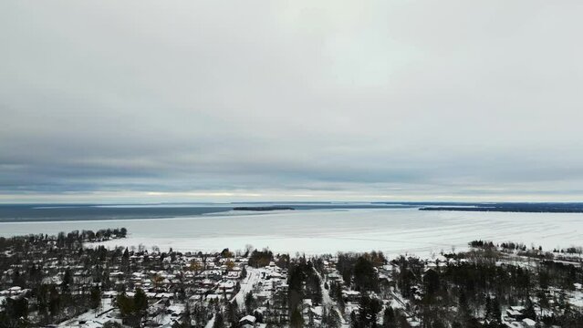 Downtown Barrie drone photos end of winter frozen lake beautiful views 