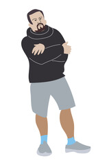 A young man in informal clothes stands in anticipation of events. Vector image on a white background.