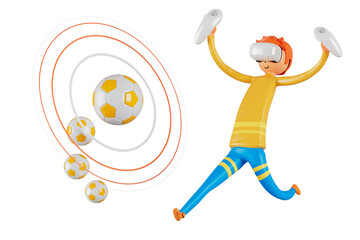 3d boy cartoon character in action. 3d illustrator. sport activity. exercise fitness pose. workout training lifestyle. man player. technology VR connection. gym outdoor. cyberspace object concept