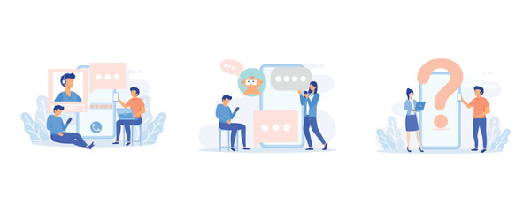 Customer support illustration. Characters using online helpdesk platform. People asking a questions and receiving answers from helpdesk operator or chatbot. flat vector illustration