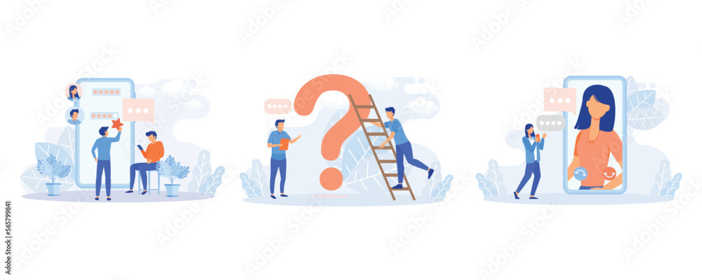 Poster customer support illustration. characters asking a questions, receiving answers from helpdesk operat