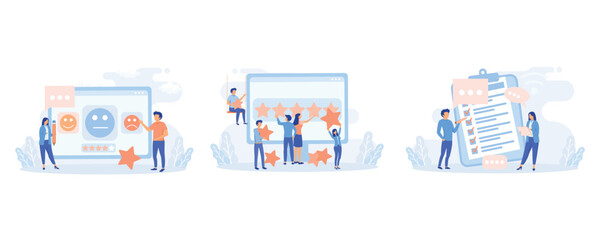 Review illustration. People сharacters giving five star feedback. Clients choosing satisfaction rating. Customer service and user experience concept. flat vector modern illustration
