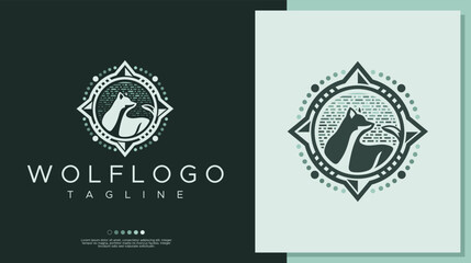 Retro wolf compass logo design template. © Artswolf