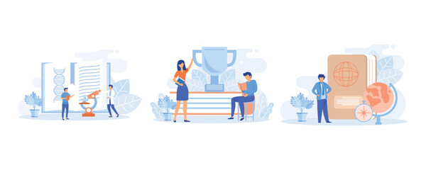 School and preschool lessons subjects illustration. Characters in school classes learning world history, geography and biology with books. Education concept. flat vector modern illustration