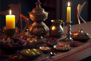 Fototapeta na wymiar illustration of arabian festive dinner on the table holy fast with candle. AI