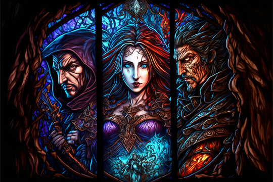 D&uuml;stere Fantasy Charaktere im kunstvollen Buntglas Stil
