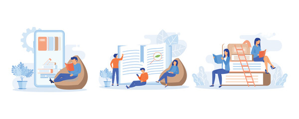 Various Online Education, Knowledge and Library Icons. People Characters Reading Books. Girls and Boys with Open Books in Hands Studying in Library. flat vector modern illustration 