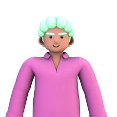 3D ILLUSTRATION RENDERING. PORTRAIT SMILLING MAN CUTE CARTOON CHARACTER YOUNG MALE MODEL STANDING ON ISOLATED WHITE BACKGROUND. MINIMAL SOCIAL MEDIA AVATAR PEOPLE PROFILE PICTURE DESIGN. 