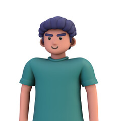 3D ILLUSTRATION RENDERING. PORTRAIT SMILLING MAN CUTE CARTOON CHARACTER YOUNG MALE MODEL STANDING ON ISOLATED WHITE BACKGROUND. MINIMAL SOCIAL MEDIA AVATAR PEOPLE PROFILE PICTURE DESIGN. 