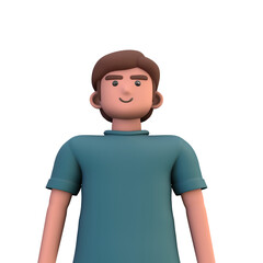 3D ILLUSTRATION RENDERING. PORTRAIT SMILLING MAN CUTE CARTOON CHARACTER YOUNG MALE MODEL STANDING ON ISOLATED WHITE BACKGROUND. MINIMAL SOCIAL MEDIA AVATAR PEOPLE PROFILE PICTURE DESIGN. 
