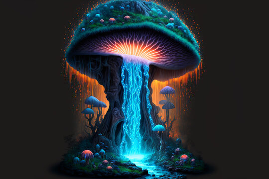 magic mushroom shaped waterfall with glowing fantasy. Generative AI	
