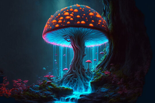 magic mushroom shaped waterfall with glowing fantasy. Generative AI	