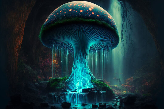 magic mushroom shaped waterfall with glowing fantasy. Generative AI	