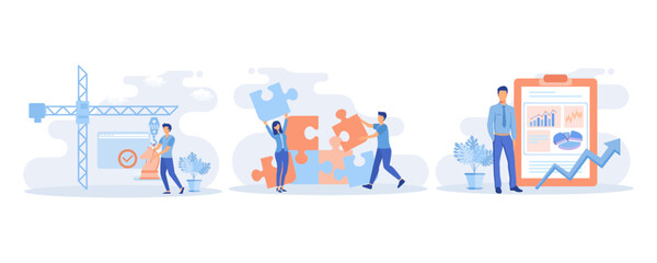 Business illustration. Characters assembling jigsaw puzzle, moving chess figure, planning financial strategy to achieve business goals. flat vector modern illustration