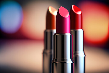 Bright lipstick of different colors shades of colored lipstick for lips. Professional makeup tool, blurred background