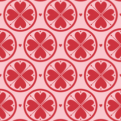 Cute retro style heart seamless pattern. Pink and red circle design with love hearts for valentines day. Bold, fun, quirky background and backdrop, wallpaper texture repeat print. 