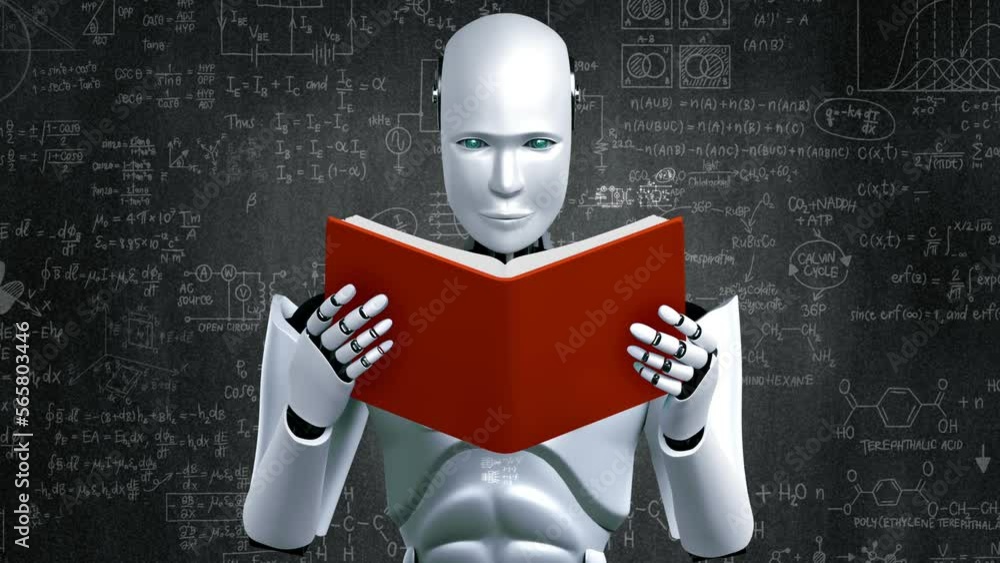 Aufkleber 3d rendering of robot hominoid reading book and solving math data analytics in concept of future mat