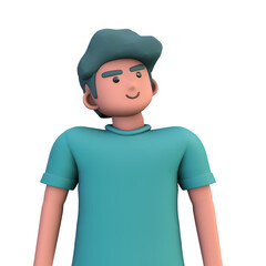 3D ILLUSTRATION RENDERING. PORTRAIT SMILLING MAN CUTE CARTOON CHARACTER YOUNG MALE MODEL STANDING ON ISOLATED WHITE BACKGROUND. MINIMAL SOCIAL MEDIA AVATAR PEOPLE PROFILE PICTURE DESIGN. 