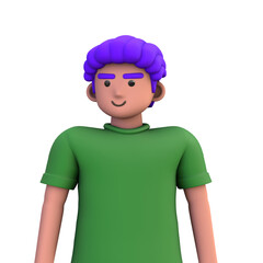 3D ILLUSTRATION RENDERING. PORTRAIT SMILLING MAN CUTE CARTOON CHARACTER YOUNG MALE MODEL STANDING ON ISOLATED WHITE BACKGROUND. MINIMAL SOCIAL MEDIA AVATAR PEOPLE PROFILE PICTURE DESIGN. 