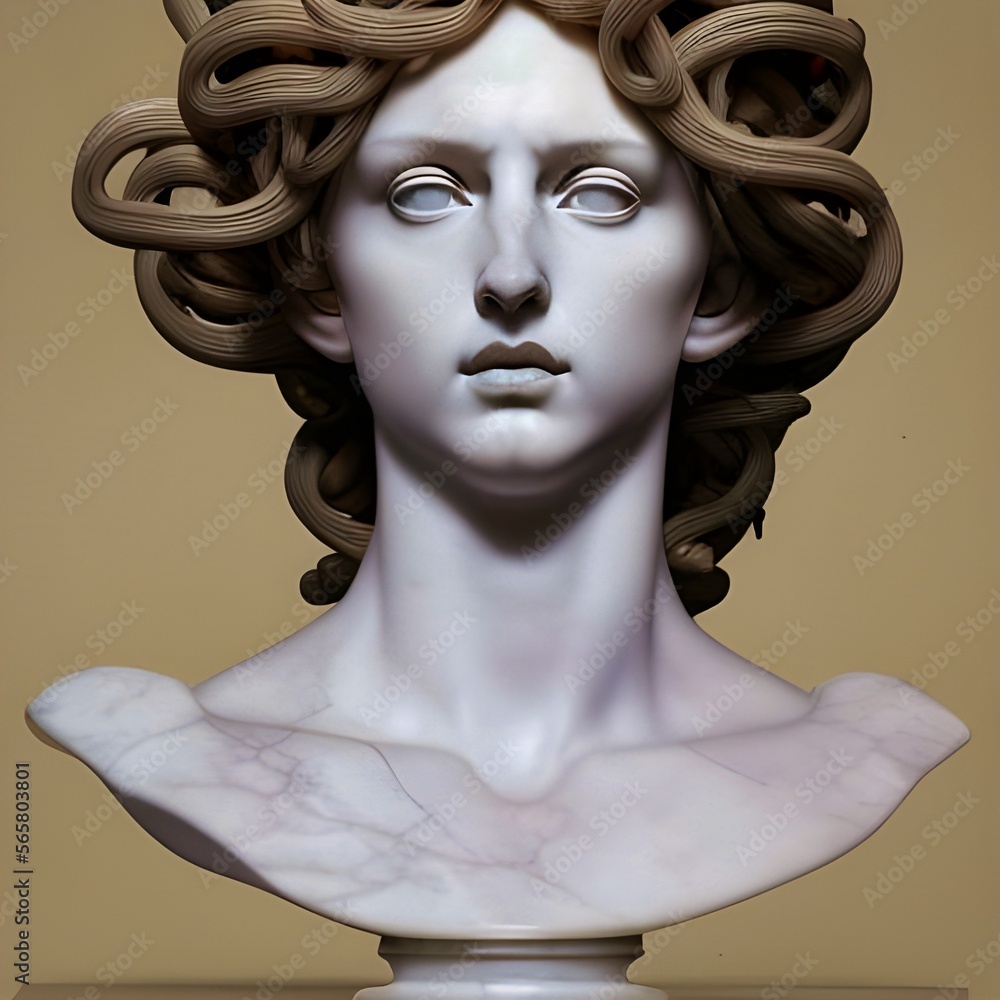 Wall mural generative ai image featuring a white marble bust of medusa, otherwise known as gorgo, a mythologica