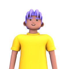 3D ILLUSTRATION RENDERING. PORTRAIT SMILLING MAN CUTE CARTOON CHARACTER YOUNG MALE MODEL STANDING ON ISOLATED WHITE BACKGROUND. MINIMAL SOCIAL MEDIA AVATAR PEOPLE PROFILE PICTURE DESIGN. 