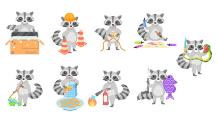 Big Set Abstract Collection Flat Cartoon Different Animal Raccoons Vector Design Style Elements Fauna Wildlife
