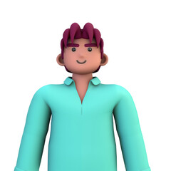3D ILLUSTRATION RENDERING. PORTRAIT SMILLING MAN CUTE CARTOON CHARACTER YOUNG MALE MODEL STANDING ON ISOLATED WHITE BACKGROUND. MINIMAL SOCIAL MEDIA AVATAR PEOPLE PROFILE PICTURE DESIGN. 