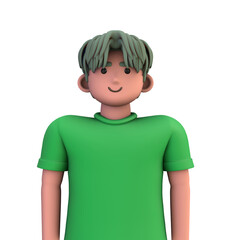 3D ILLUSTRATION RENDERING. PORTRAIT SMILLING MAN CUTE CARTOON CHARACTER YOUNG MALE MODEL STANDING ON ISOLATED WHITE BACKGROUND. MINIMAL SOCIAL MEDIA AVATAR PEOPLE PROFILE PICTURE DESIGN. 