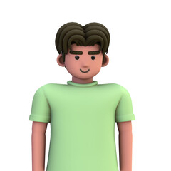 3D ILLUSTRATION RENDERING. PORTRAIT SMILLING MAN CUTE CARTOON CHARACTER YOUNG MALE MODEL STANDING ON ISOLATED WHITE BACKGROUND. MINIMAL SOCIAL MEDIA AVATAR PEOPLE PROFILE PICTURE DESIGN. 