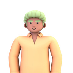 3D ILLUSTRATION RENDERING. PORTRAIT SMILLING MAN CUTE CARTOON CHARACTER YOUNG MALE MODEL STANDING ON ISOLATED WHITE BACKGROUND. MINIMAL SOCIAL MEDIA AVATAR PEOPLE PROFILE PICTURE DESIGN. 