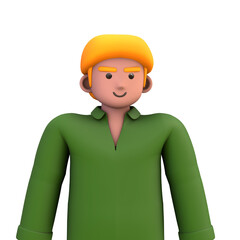 3D ILLUSTRATION RENDERING. PORTRAIT SMILLING MAN CUTE CARTOON CHARACTER YOUNG MALE MODEL STANDING ON ISOLATED WHITE BACKGROUND. MINIMAL SOCIAL MEDIA AVATAR PEOPLE PROFILE PICTURE DESIGN. 