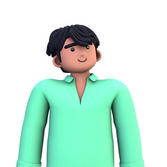 3D ILLUSTRATION RENDERING. PORTRAIT SMILLING MAN CUTE CARTOON CHARACTER YOUNG MALE MODEL STANDING ON ISOLATED WHITE BACKGROUND. MINIMAL SOCIAL MEDIA AVATAR PEOPLE PROFILE PICTURE DESIGN. 