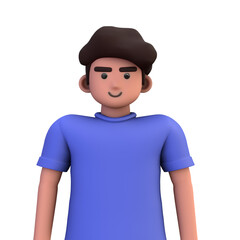 3D ILLUSTRATION RENDERING. PORTRAIT SMILLING MAN CUTE CARTOON CHARACTER YOUNG MALE MODEL STANDING ON ISOLATED WHITE BACKGROUND. MINIMAL SOCIAL MEDIA AVATAR PEOPLE PROFILE PICTURE DESIGN. 