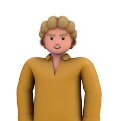 3D ILLUSTRATION RENDERING. PORTRAIT SMILLING MAN CUTE CARTOON CHARACTER YOUNG MALE MODEL STANDING ON ISOLATED WHITE BACKGROUND. MINIMAL SOCIAL MEDIA AVATAR PEOPLE PROFILE PICTURE DESIGN. 