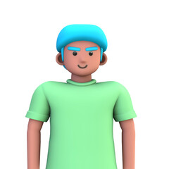 3D ILLUSTRATION RENDERING. PORTRAIT SMILLING MAN CUTE CARTOON CHARACTER YOUNG MALE MODEL STANDING ON ISOLATED WHITE BACKGROUND. MINIMAL SOCIAL MEDIA AVATAR PEOPLE PROFILE PICTURE DESIGN. 