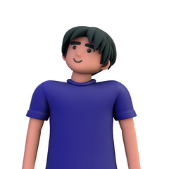 3D ILLUSTRATION RENDERING. PORTRAIT SMILLING MAN CUTE CARTOON CHARACTER YOUNG MALE MODEL STANDING ON ISOLATED WHITE BACKGROUND. MINIMAL SOCIAL MEDIA AVATAR PEOPLE PROFILE PICTURE DESIGN. 