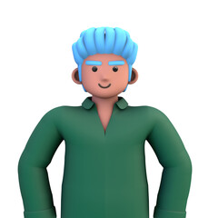 3D ILLUSTRATION RENDERING. PORTRAIT SMILLING MAN CUTE CARTOON CHARACTER YOUNG MALE MODEL STANDING ON ISOLATED WHITE BACKGROUND. MINIMAL SOCIAL MEDIA AVATAR PEOPLE PROFILE PICTURE DESIGN.
