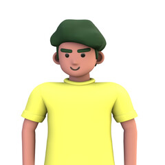 3D ILLUSTRATION RENDERING. PORTRAIT SMILLING MAN CUTE CARTOON CHARACTER YOUNG MALE MODEL STANDING ON ISOLATED WHITE BACKGROUND. MINIMAL SOCIAL MEDIA AVATAR PEOPLE PROFILE PICTURE DESIGN.