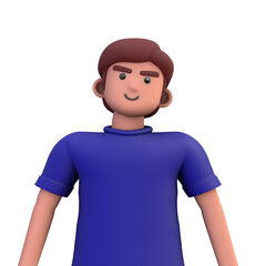 3D ILLUSTRATION RENDERING. PORTRAIT SMILLING MAN CUTE CARTOON CHARACTER YOUNG MALE MODEL STANDING ON ISOLATED WHITE BACKGROUND. MINIMAL SOCIAL MEDIA AVATAR PEOPLE PROFILE PICTURE DESIGN.