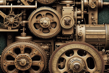 Vintage rusty Machinery gears steampunk background. Generative AI