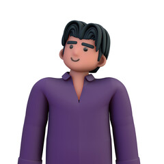 3D ILLUSTRATION RENDERING. PORTRAIT SMILLING MAN CUTE CARTOON CHARACTER YOUNG MALE MODEL STANDING ON ISOLATED WHITE BACKGROUND. MINIMAL SOCIAL MEDIA AVATAR PEOPLE PROFILE PICTURE DESIGN.