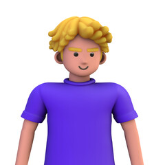 3D ILLUSTRATION RENDERING. PORTRAIT SMILLING MAN CUTE CARTOON CHARACTER YOUNG MALE MODEL STANDING ON ISOLATED WHITE BACKGROUND. MINIMAL SOCIAL MEDIA AVATAR PEOPLE PROFILE PICTURE DESIGN.