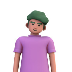 3D ILLUSTRATION RENDERING. PORTRAIT SMILLING MAN CUTE CARTOON CHARACTER YOUNG MALE MODEL STANDING ON ISOLATED WHITE BACKGROUND. MINIMAL SOCIAL MEDIA AVATAR PEOPLE PROFILE PICTURE DESIGN.