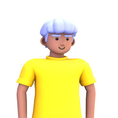 3D ILLUSTRATION RENDERING. PORTRAIT SMILLING MAN CUTE CARTOON CHARACTER YOUNG MALE MODEL STANDING ON ISOLATED WHITE BACKGROUND. MINIMAL SOCIAL MEDIA AVATAR PEOPLE PROFILE PICTURE DESIGN.